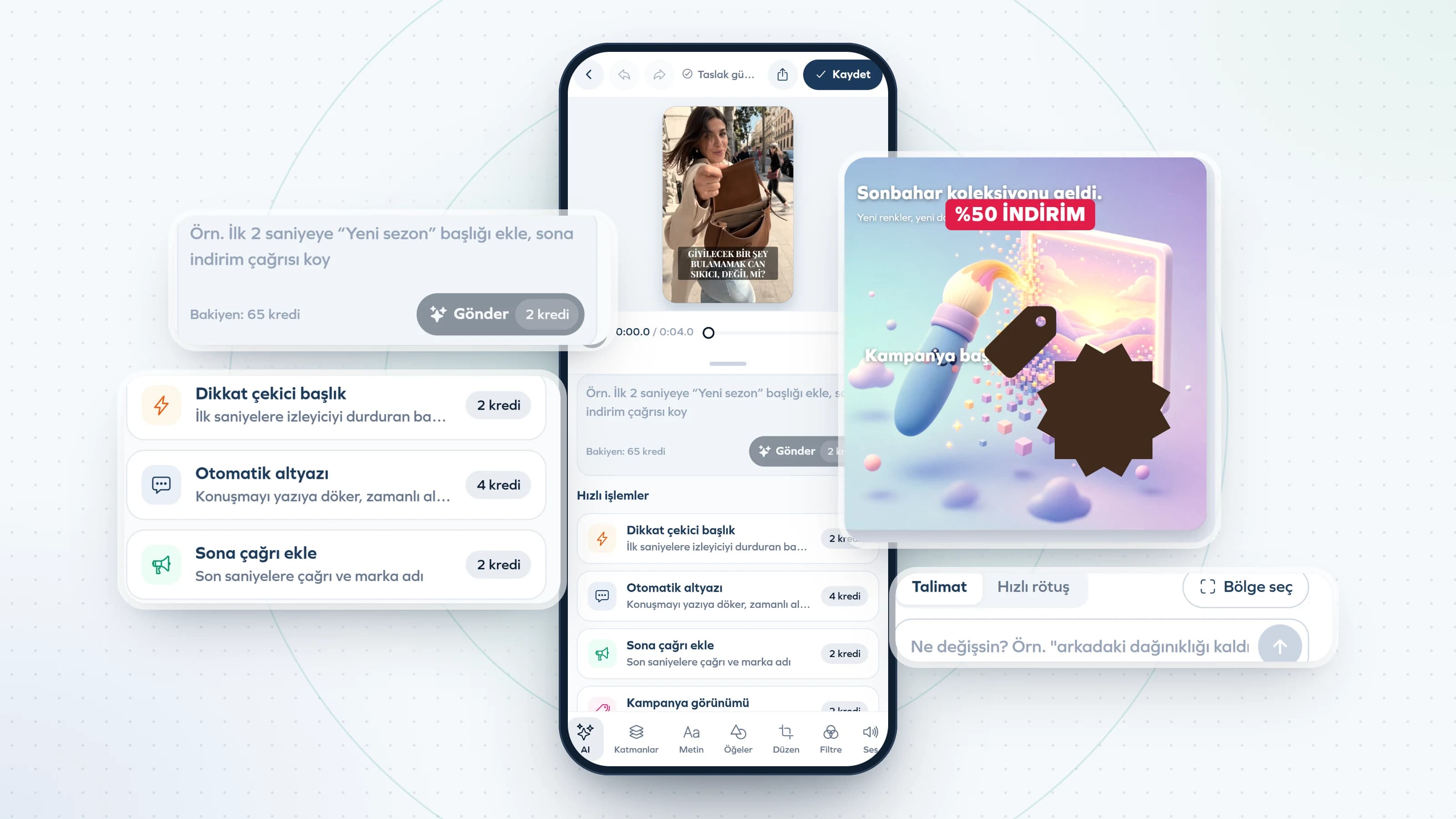Editor video IA: casella istruzioni, azioni rapide e un visual di campagna